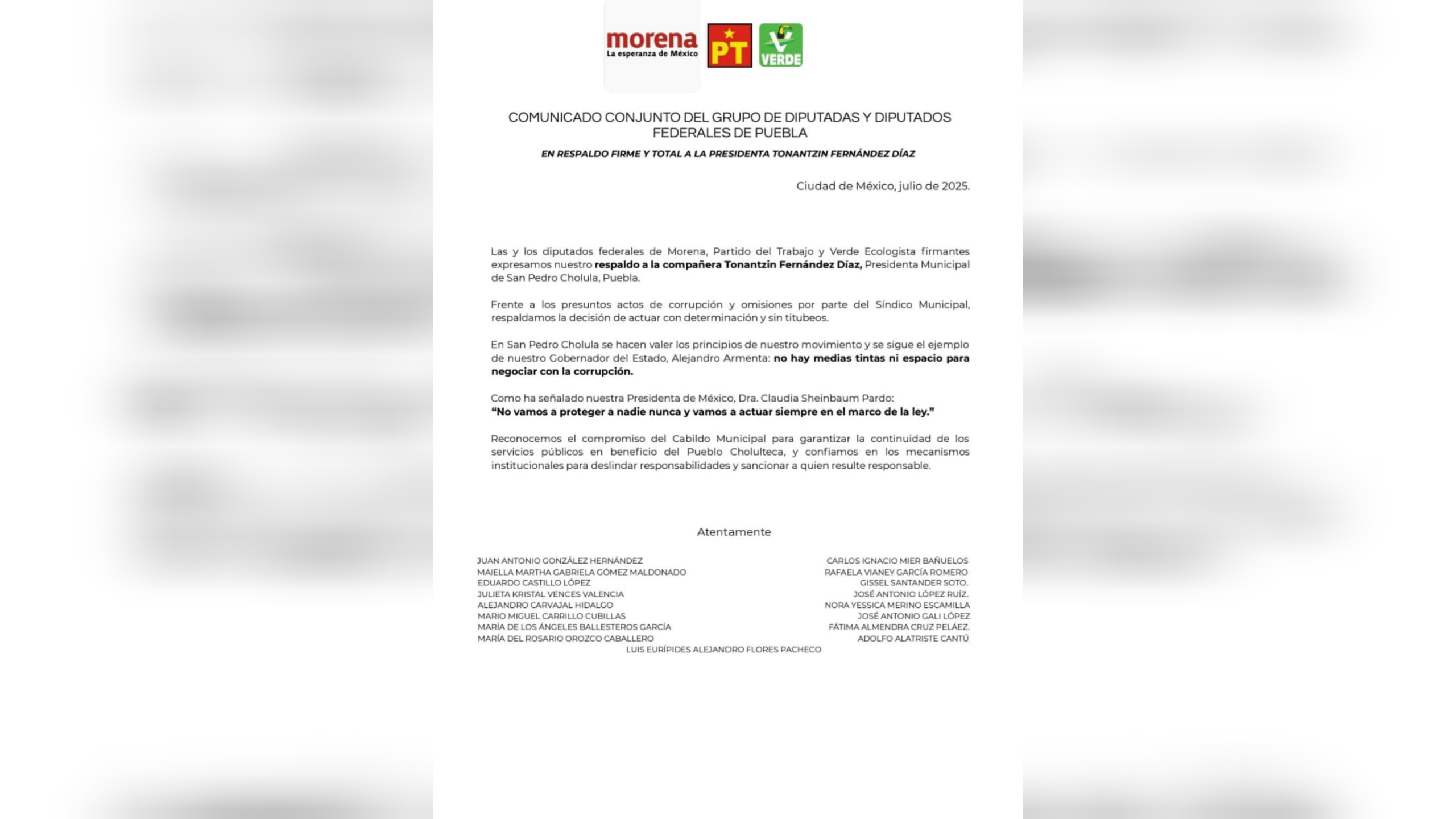 Respaldan diputados federales a presidenta municipal de San Pedro Cholula