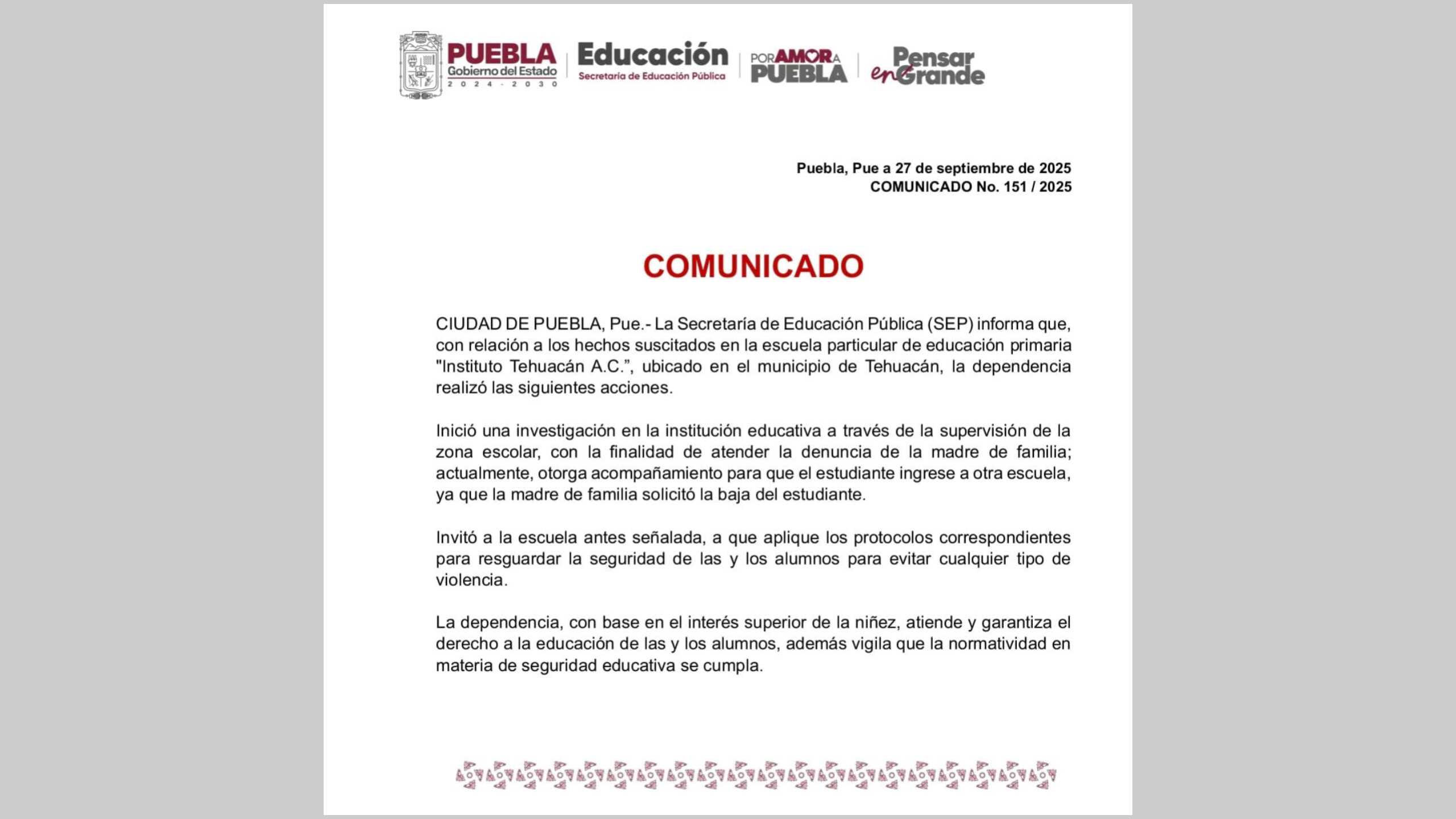 SEP investiga caso en el Instituto Tehuacán A.C.