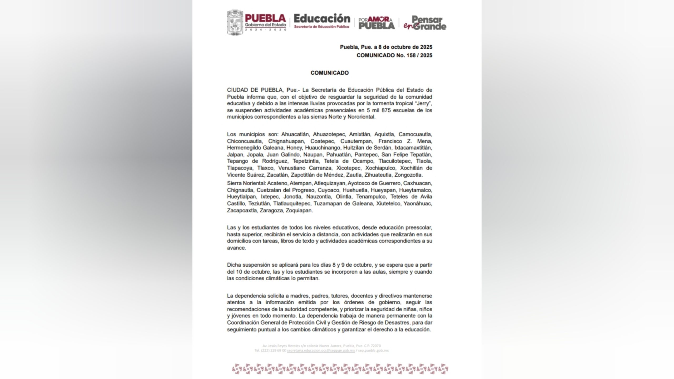 Suspenden clases presenciales en la Sierra Norte y Nororiental de Puebla