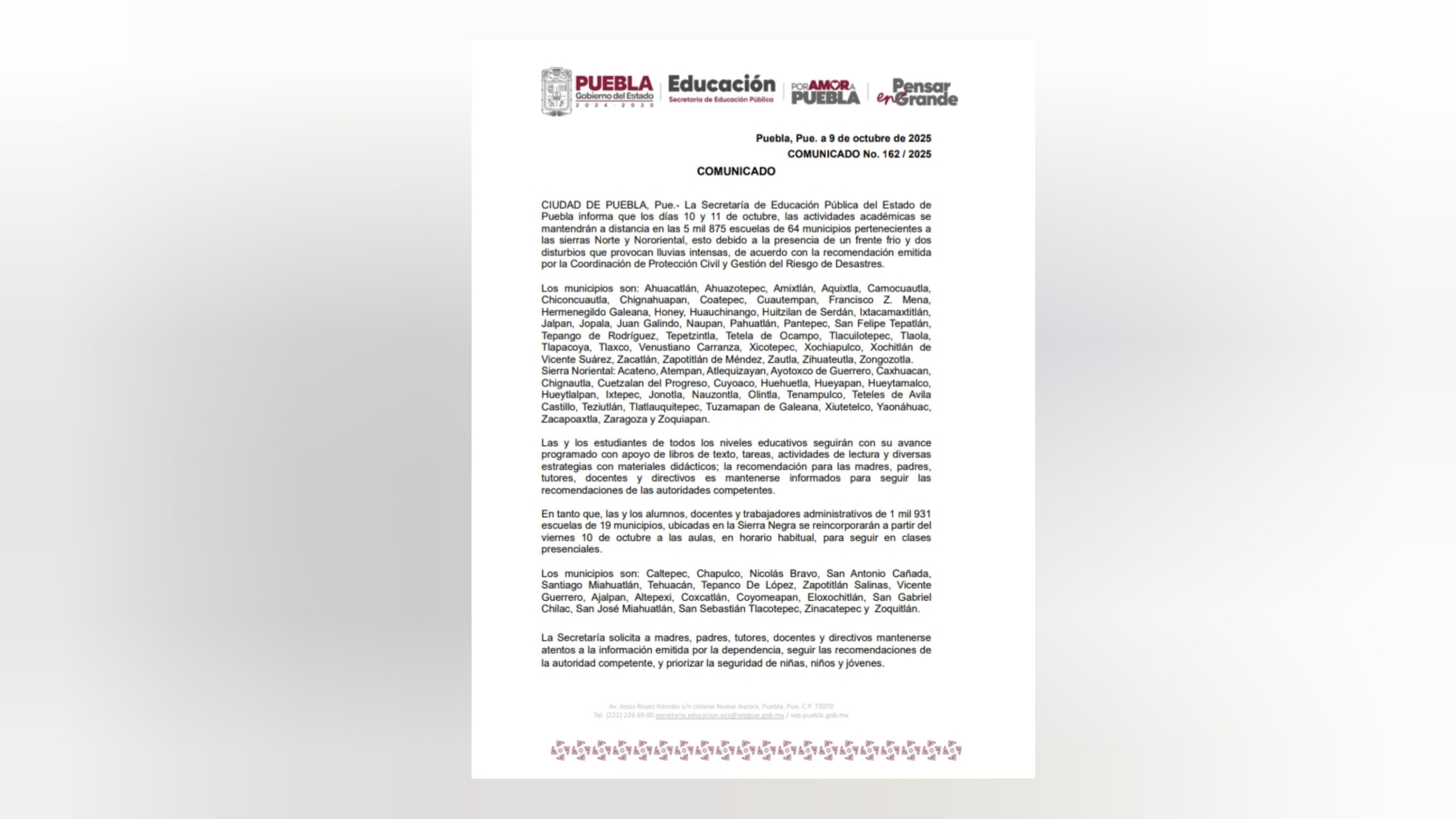 Clases a distancia en municipios de Puebla por lluvias intensas