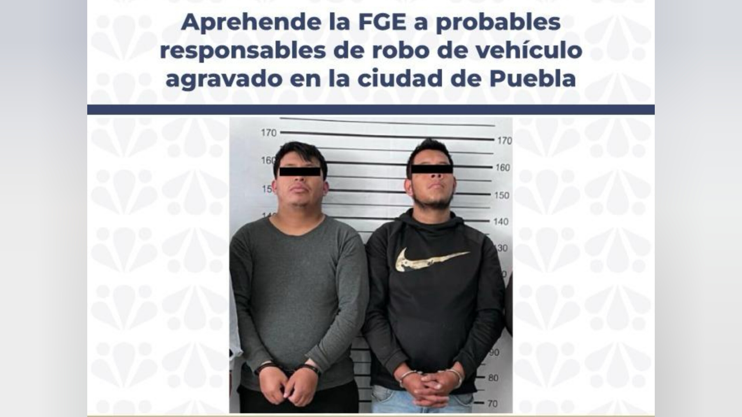 Detenidos dos presuntos responsables de robo de vehículo en Puebla