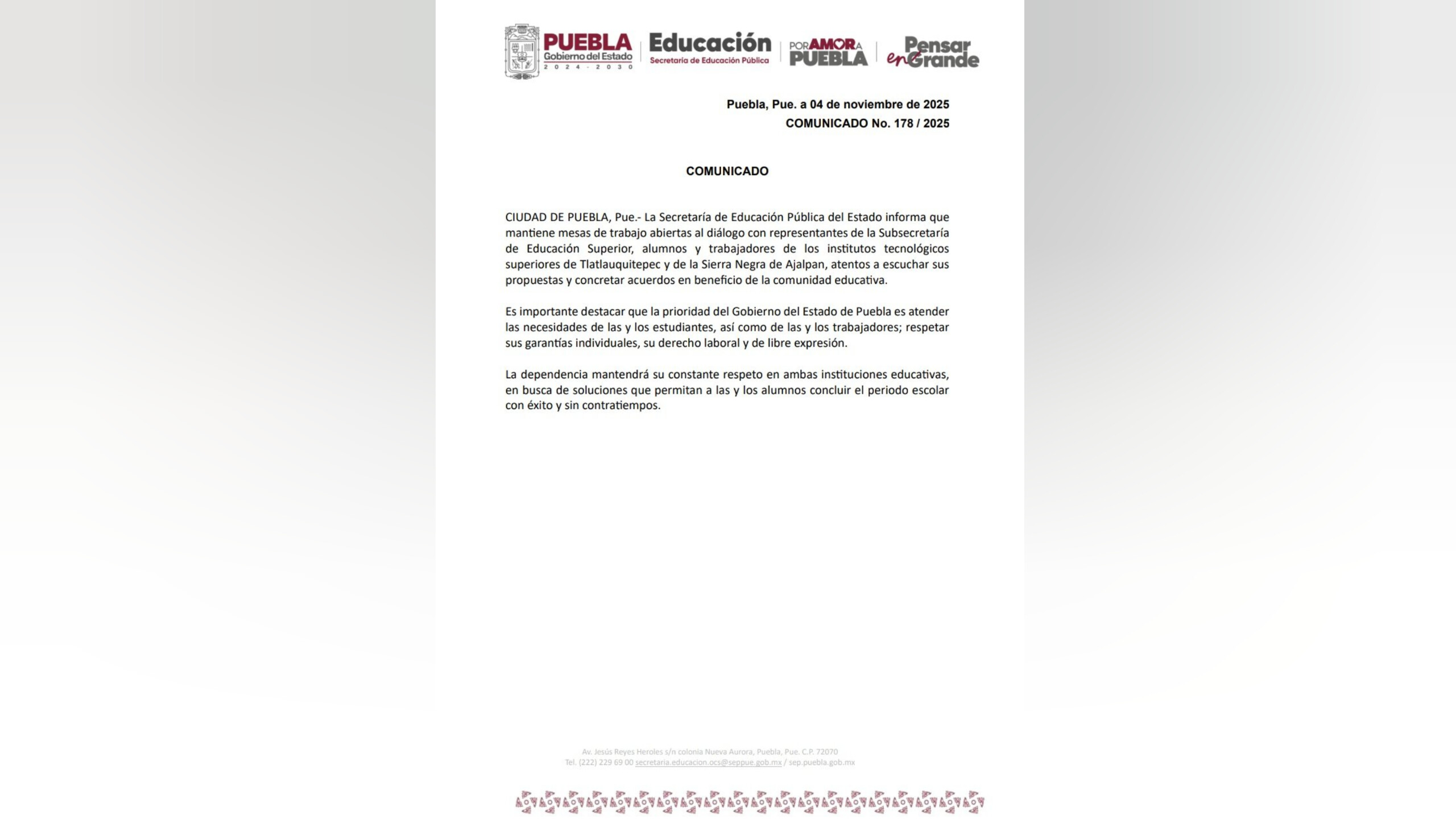 SEP Puebla mantiene diálogo con tecnológicos de Tlatlauquitepec y Sierra Negra