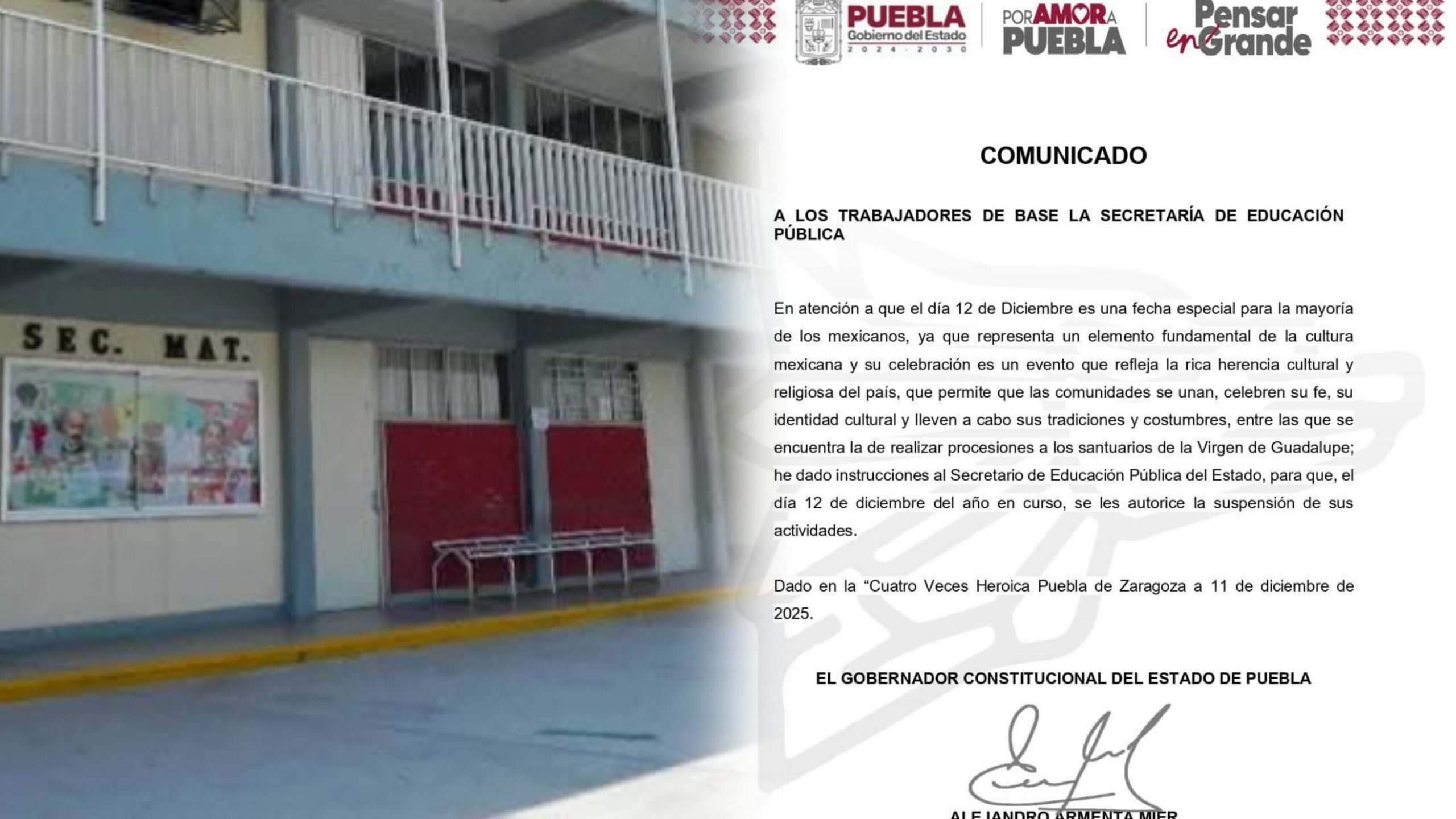 SEP Puebla suspende clases este 12 de diciembre