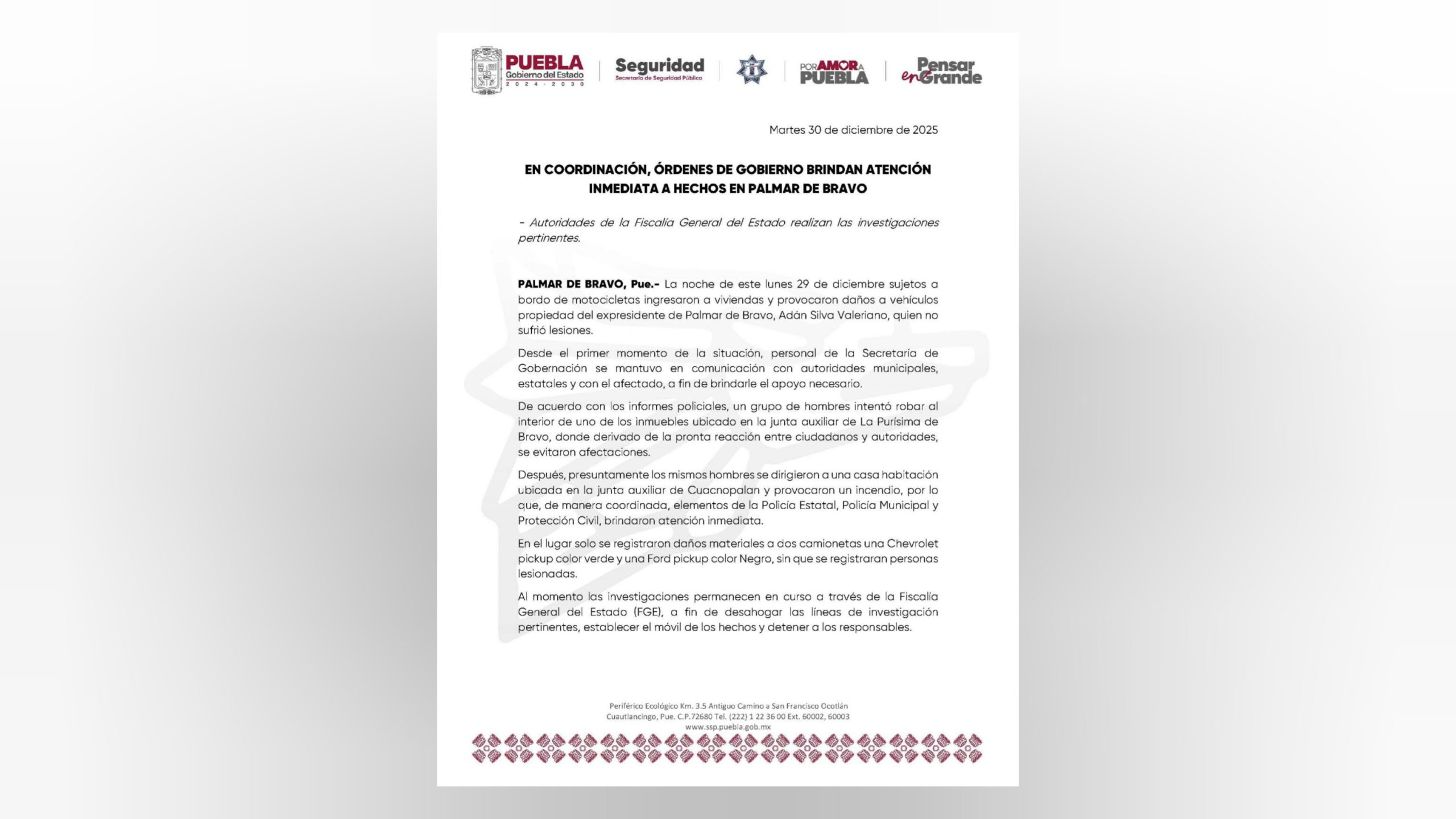 Hechos violentos en Palmar de Bravo