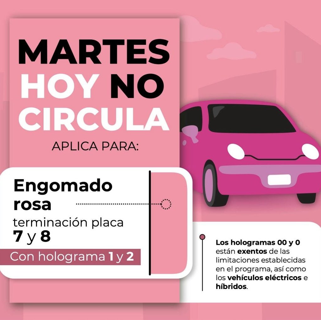 Aplica Hoy No Circula para engomado rosa en la ZMVM