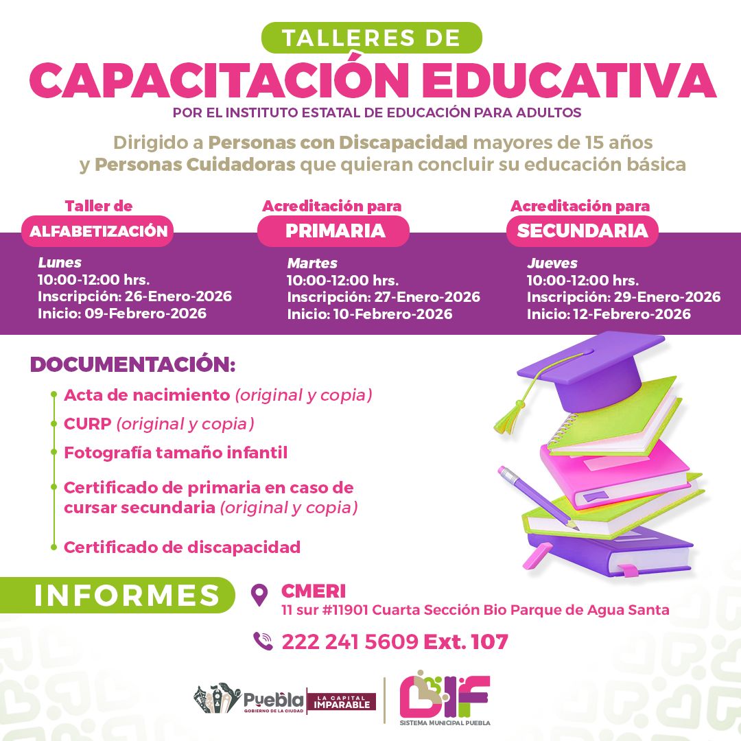 Inicia DIF municipal Puebla Inscripciones a Talleres Educativos para Personas con Discapacidad