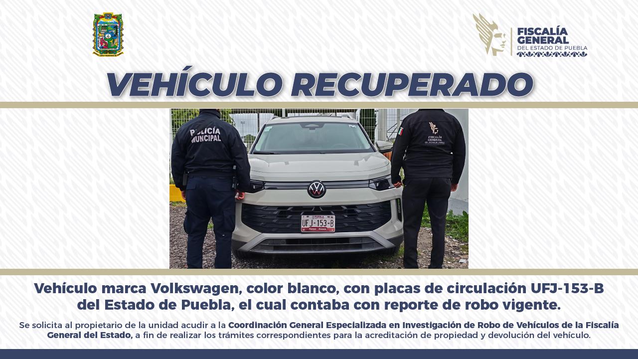 Recuperan vehículo con reporte de robo en Puebla