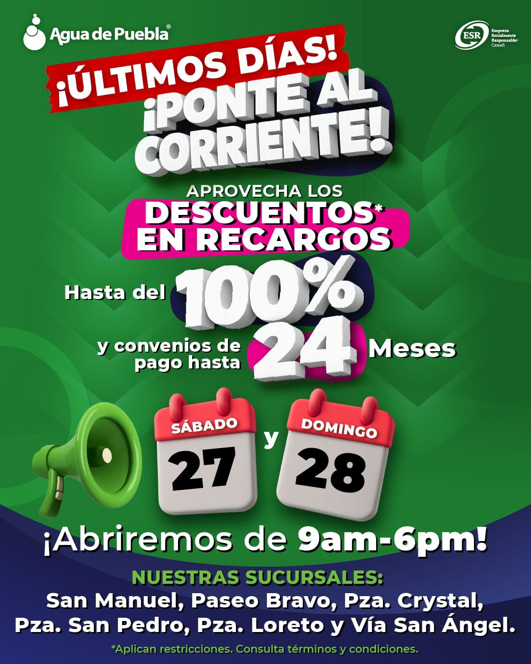 Agua de Puebla abrirá sucursales fin de semana para que usuarios se Regularicen con Descuentos hasta del 100% en Recargos