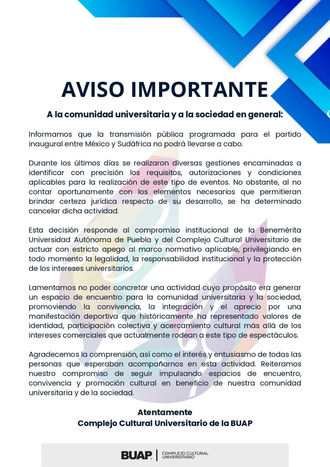Cancela BUAP transmisión del partido inaugural del Mundial 2026