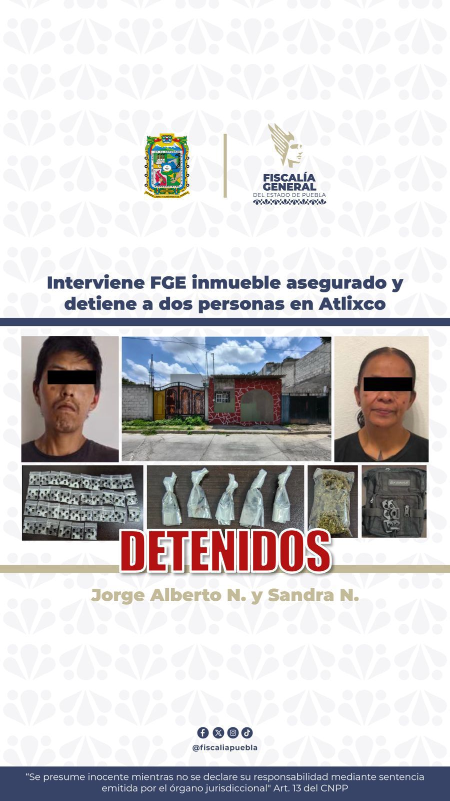 Interviene FGE inmueble asegurado y detiene a dos personas en Atlixco