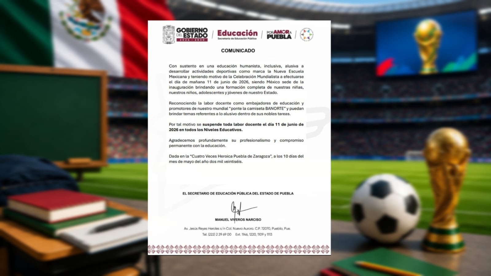 SEP de Puebla suspende clases por inicio del Mundial