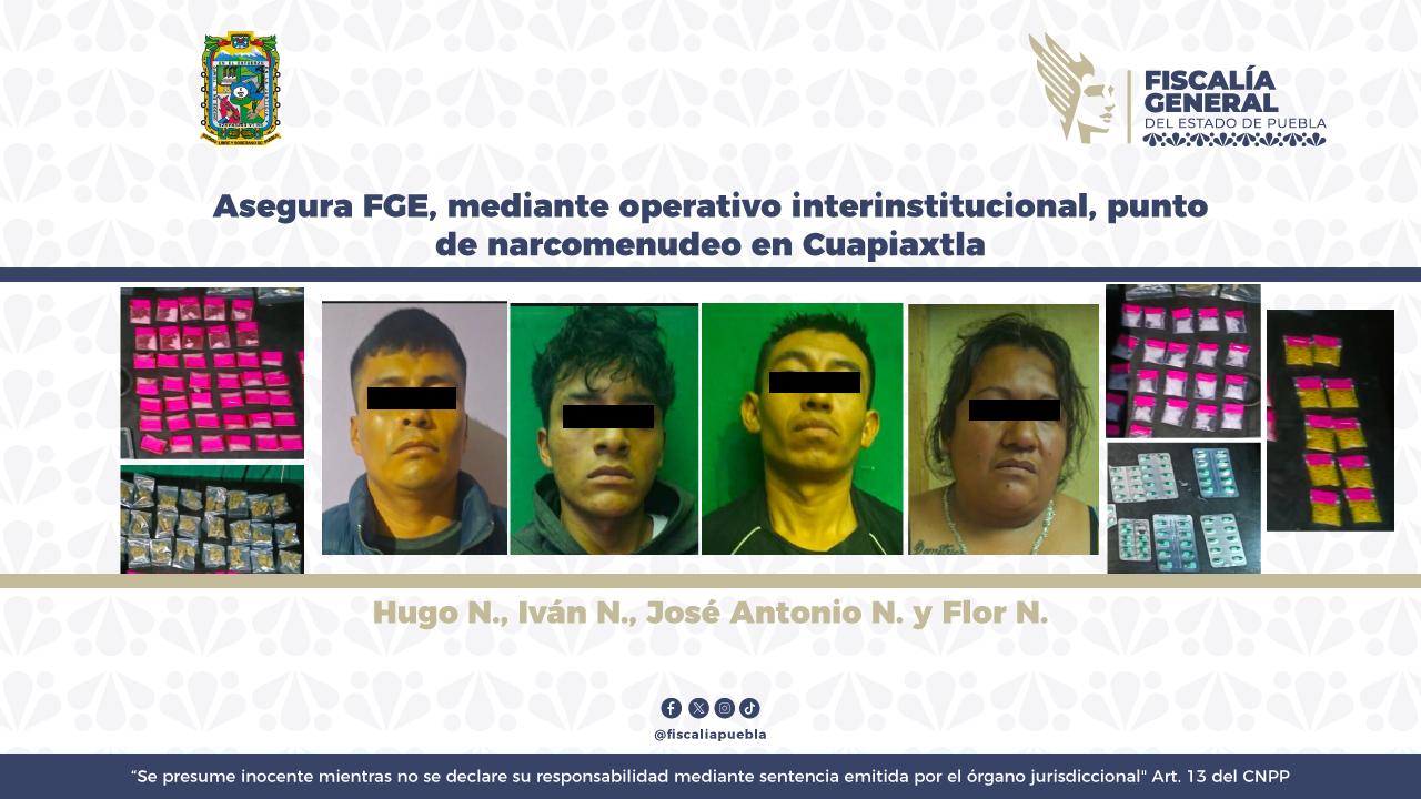 FGE asegura punto de narcomenudeo en Cuapiaxtla; cuatro detenidos