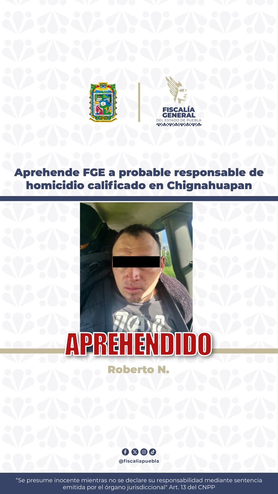 Detienen a presunto coautor de homicidio en Chignahuapan