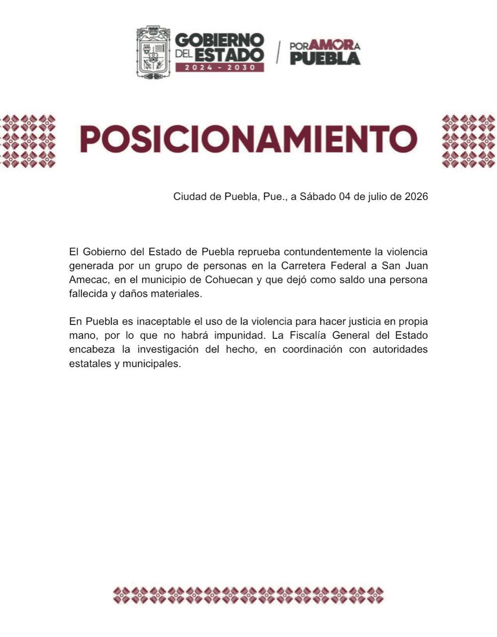 Gobierno fija postura por hechos en Cohuecan