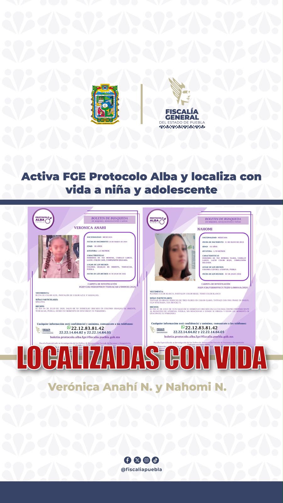 Activa FGE Protocolo Alba y localiza con vida a niña y adolescente